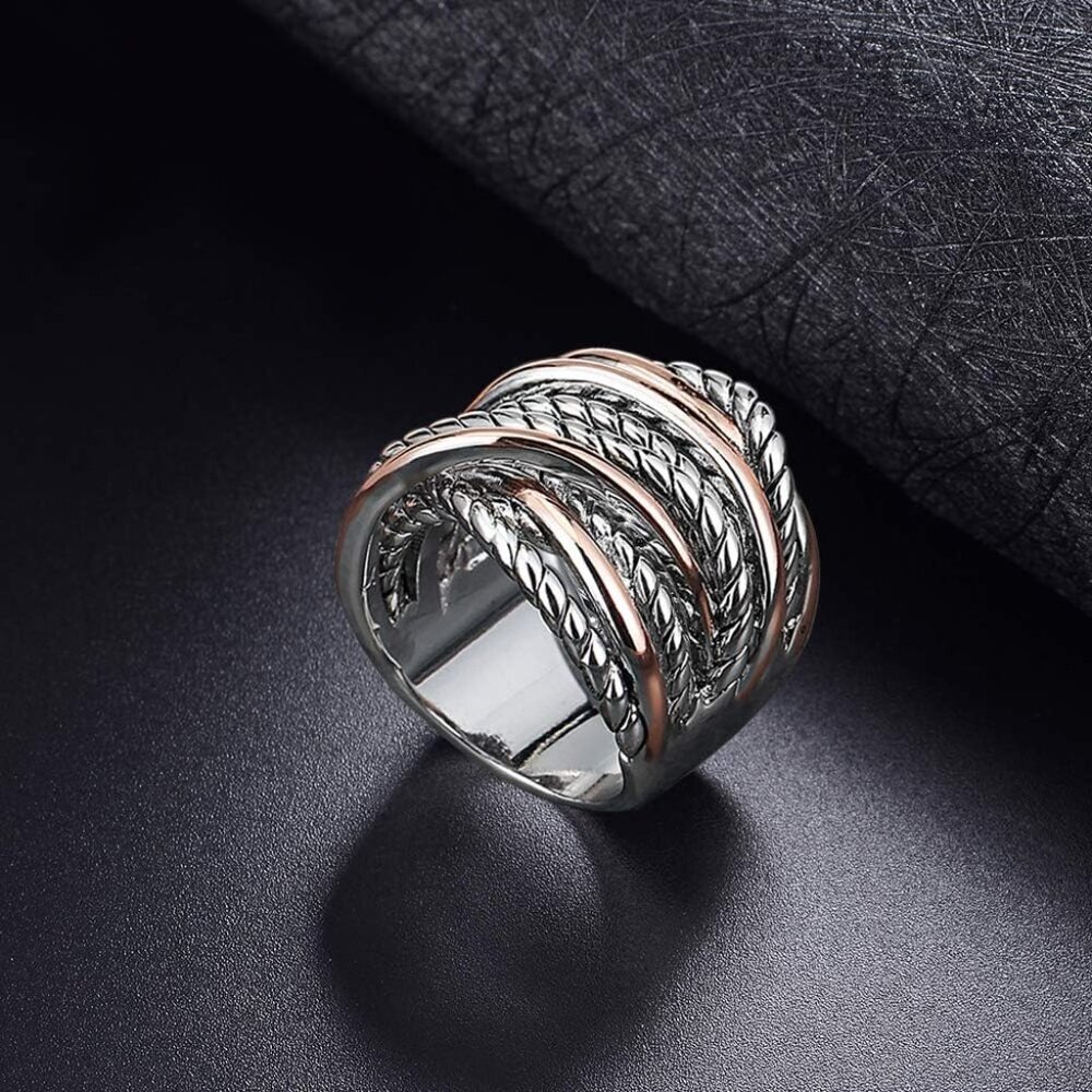 Wide Band Rings Twisted Rope Ring Two-Tone Mixed Metal Braided Statement Rings F - Picture 5 of 6